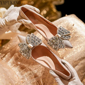 Туфли для выпускного вечера с блестками серебристого цвета, свадебные туфли для подружек невесты цвета шампанского, женские туфли-лодочки с хрустальным бантом на тонком высоком каблуке 6 см