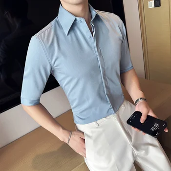 Летняя мужская деловая официальная рубашка со средним рукавом из шелковистой ткани, высококачественная приталенная мужская рубашка со скрытой планкой, M-4XL