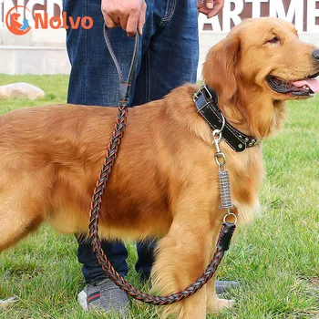 Кожаный поводок для крупных собак, прочный кожаный плетеный поводок для собак с буферной пружиной, тяговый трос для немецкой овчарки