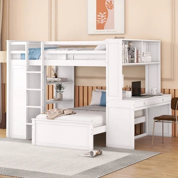 Полноразмерная кровать-чердак с двуспальной кроватью, полками, письменным столом и шкафом-белый