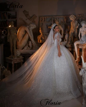 2023, Блестящие свадебные платья с длинными рукавами 3/4, свадебные платья с жемчугом и открытой спиной, Vestido Blanco, платья для невест без бретелек.