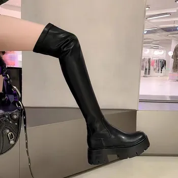 Новый дизайн, осенне-зимние сапоги до колена, мотоциклетные ботинки в готическом стиле в стиле панк, Женская обувь на платформе и высоком массивном каблуке, 43 г.