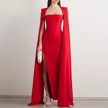 2023 Новое Красное Вечернее платье с длинным рукавом-накидкой, Роскошное Женское вечернее платье, Атласное платье для выпускного вечера с квадратным воротником и разрезом в пол, Vestidos