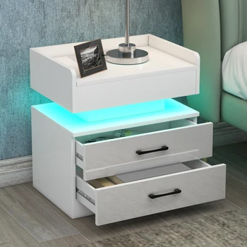 Белая тумбочка с 2 выдвижными ящиками, USB-портами для зарядки и светодиодной подсветкой с дистанционным управлением для мебели для спальни в помещении