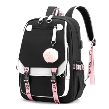 Рюкзак большой емкости для женщин-подростков, девочек, USB-порт, холщовая школьная сумка, сумка для студенческих книг, модный черный школьный рюкзак для подростков
