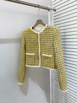 Новинка лета и осени 2023 Желто-серая клетчатая шерстяная короткая куртка с 3D-принтом 0721