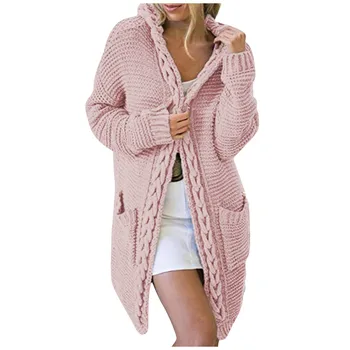 Женский осенне-зимний однотонный кардиган свободной вязки с капюшоном и карманами, свитер, вязаный кардиган оверсайз, Элегантный свитер, пальто