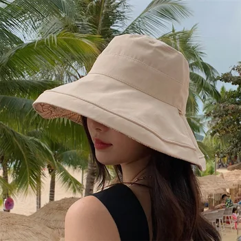 2023 Весенне-летняя пляжная шляпа с реверсивным принтом, Женская, для девочек, кепка рыбака для отдыха на природе, широкие поля, шляпа с козырьком 12 см