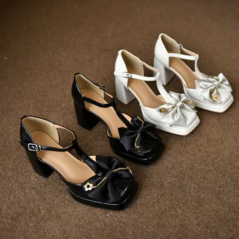 Весенне-летние новые женские тонкие туфли на высоком каблуке, женские туфли Мэри Джейн на толстом каблуке с бантом, wl-R02