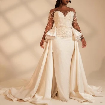STEVDITG Роскошное свадебное платье с V-образным вырезом и длинными рукавами, украшенное жемчугом, модная складка, съемный хвост, шлейф, платье Русалки, платье невесты