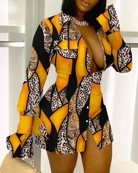 Платье-рубашка с леопардовым принтом в стиле барокко, однобортное женское платье на пуговицах, лето-осень, бандаж с длинным рукавом, Тонкое