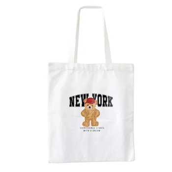 New York Bear, Новая холщовая женская сумка-тоут с рисунком алфавита и мультяшным принтом, универсальная высококачественная текстура, на одно плечо