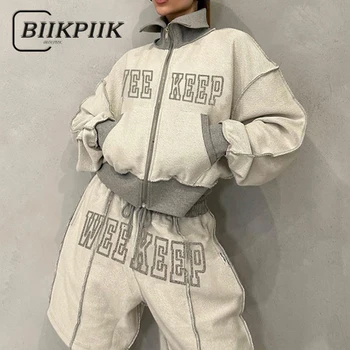 BIIKPIIK Женские куртки с вышивкой буквами в стиле пэчворк на молнии, уличная одежда, Мешковатая водолазка, осенние пальто, спортивная повседневная одежда