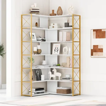 Золотой + белый 7-ярусный книжный шкаф для домашнего офиса\  Угловой книжный шкаф L-образной формы с металлическим каркасом\  Индустриальный стиль