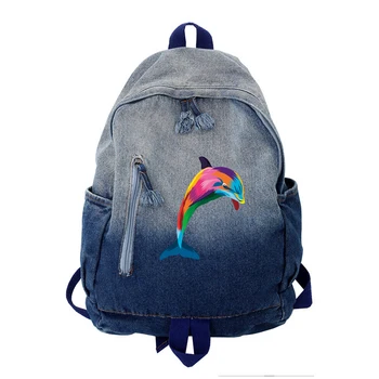 Джинсовый рюкзак для подростков с забавным рисунком Дельфина, Женские Рюкзаки, Дорожная сумка Для студентов хип-хопа, Рюкзак Harajuku