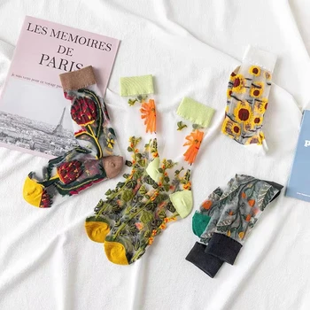 Женский прозрачный комплект забавных носков с цветочным рисунком и абстрактным дизайном Koren Animal, женское летнее кружево, милый тонкий шелк Каваи