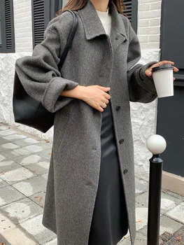 Зимнее однобортное двустороннее бархатное пальто с лацканами 2023 года для женщин средней длины, нежное шерстяное пальто