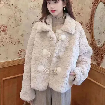 Lucyever Зимние утепленные куртки из овечьей шерсти для женщин, повседневная верхняя одежда с длинными рукавами и пуговицами, женские свободные теплые пальто из искусственного меха