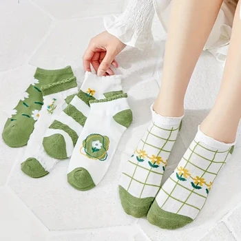 5 Пар / лот, женские зеленые свежие носки с низкой трубкой, Милые носки до щиколотки, Модные Летние Осенние дышащие удобные носки Kawaii