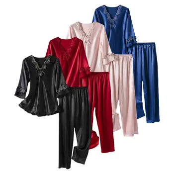 Женская тонкая шелковая пижама с кружевными рукавами семь четвертей, домашняя одежда из двух частей
