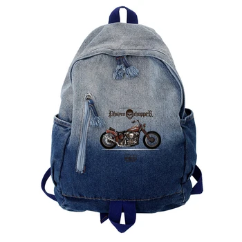 Винтажный джинсовый женский рюкзак, большая вместительная школьная сумка для девочек, женский рюкзак для путешествий, классический принт в виде легенды о мотоцикле