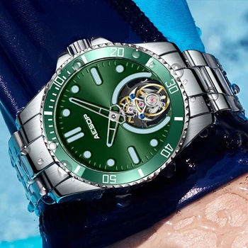 Механические наручные часы AESOP 2023 Real Green Water Ghost Tourbillon, Водонепроницаемые мужские Часы из нержавеющей стали, 5 бар, Часы-скелет