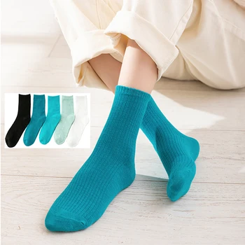 5 Пар женских свежих однотонных носков из хлопка высокого качества, базовые носки для девочек на каждый день, повседневные носки Sox Calcetines