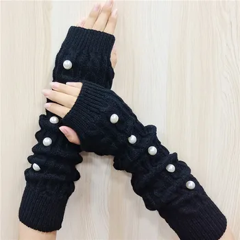 1 Пара осенне-зимних женских вязаных перчаток для рук с рукавом на запястье, Грелка для рук, длинные Полурукавицы для девочек, Эластичные Перламутровые перчатки без пальцев