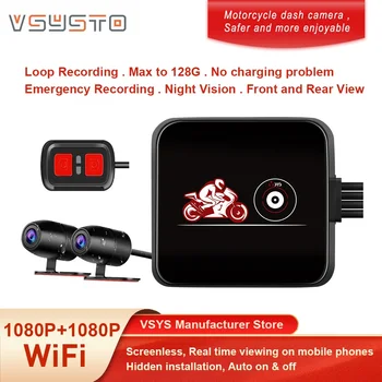 VSYSTO Двойной видеорегистратор для мотоциклов 1080p FHD wifi камера водонепроницаемая приборная панель видеорегистратор переднего и заднего вида циклическая запись