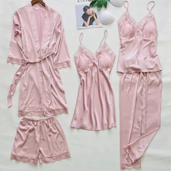 Пижамы Комплект из пяти предметов, ночное Белье С вышитой кружевной отделкой, Женская пижама, банный халат, халат из свободного шелкового атласа, Домашняя одежда для отдыха