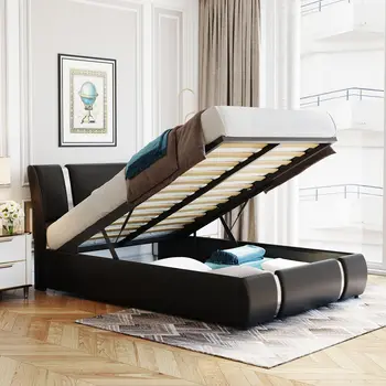 Каркас кровати с гидравлическим хранилищем, обитый искусственной кожей, платформа-кровать