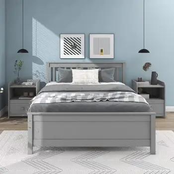 Серая двуспальная кровать с изголовьем и изножьем, с 2 тумбочками, легко монтируется, для мебели для спальни в помещении