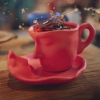Новая креативная форма лица в скандинавском стиле, Фарфоровая чашка с блюдцем, Керамическая Чайная чашка, Керамические кофейные чашки в современном стиле, Офисная чашка