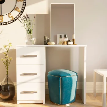 Современный туалетный столик Ember Interiors Ava с зеркалом, 3 выдвижными ящиками, окрашенный в белый цвет, для спальни, столик для макияжа, туалетный столик
