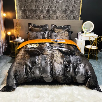 Роскошный комплект постельного белья из жаккарда и египетского хлопка черного золота с атласным гладким одеялом, Комплект пододеяльников, простыня в обтяжку