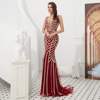 Женское Элегантное Вечернее платье с Глубоким V-образным вырезом и шлейфом 