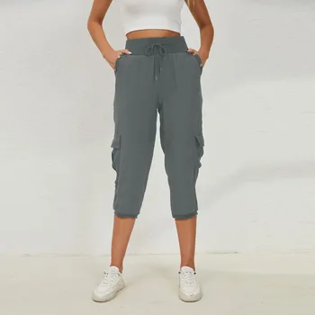 Женские брюки с эластичной резинкой на талии 3/4 с карманами из хлопка и льна, повседневные свободные однотонные брюки для йоги Pantalones De Mujer брюки женские