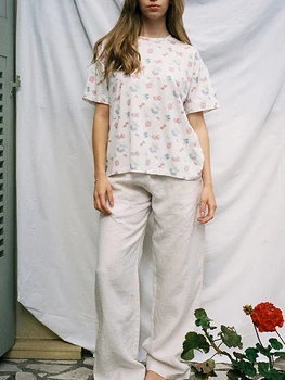 Женские пижамные комплекты из 2 предметов с цветочным рисунком, рубашка с коротким рукавом, топы и шорты с фруктовым принтом, Пижамный комплект для отдыха
