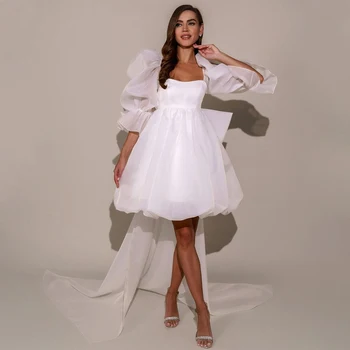Короткое свадебное платье с белыми пышными рукавами, свадебные платья из органзы и атласа трапециевидной формы для женщин 2023, свадебные платья принцессы с большим бантом для невесты