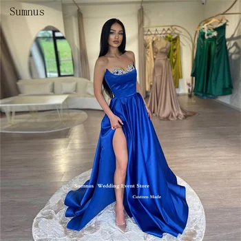 Синее вечернее платье Sumnus из атласа без бретелек с кристаллами Русалки и высоким разрезом Vestidos De Fiesta Elegantes Para Mujer 2023 Вечерние платья