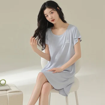 Летние Женские ночные рубашки из модала с коротким рукавом 2023 года, Корейская свободная пижама, Студенческая ночная рубашка, ночное платье, домашняя ночнушка