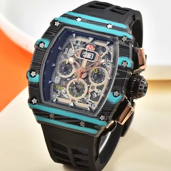 Роскошные мужские часы в механическом стиле, водонепроницаемые часы с секундомером с 6 иглами, кварцевые часы RM в форме винного бочонка