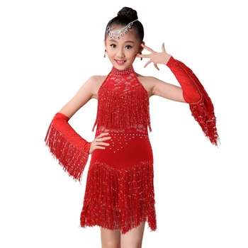 Кружевная юбка для девочек, платье для латиноамериканских танцев с кисточками, форма для соревнований, комплект танцевальной одежды для выступлений с перчатками