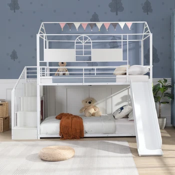 Белая металлическая двухъярусная кровать с горкой и ступеньками для внутренней мебели спальни