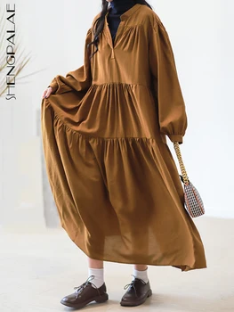 SHENGPALAE, модное женское платье с V-образным вырезом, длинный рукав, однотонные складки, пэчворк, Повседневное Свободное платье, осень 2023, Новый прилив 5R5525