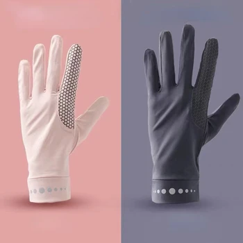 Женские Эластичные Ледяные Шелковые Однотонные Перчатки С Сенсорным Экраном, Защищающие От Ультрафиолета, Дышащие, С Полными Пальцами, Нескользящие Мужские Перчатки Для Вождения