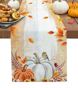 Осенняя настольная дорожка из белой тыквы, Хлопчатобумажное белье, декор для свадебного ужина, Флаг для праздничного домашнего чайного стола.