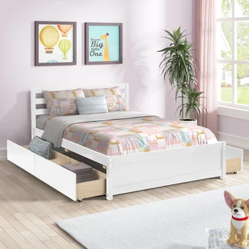 Полноразмерная кровать на деревянной платформе с изголовьем и четырьмя выдвижными ящиками ， Современная кровать простая кровать для молодежной спальни для взрослых