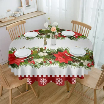 Круглая скатерть с рождественскими цветами, снежинками, сосновыми ягодами, Водонепроницаемая Крышка для стола для свадебного декора, Рождественская декоративная скатерть