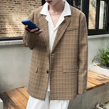 Модный Клетчатый блейзер Оверсайз, мужская одежда в японском стиле, Винтажный повседневный костюм в свободную сетку, пальто в стиле хип-хоп, уличная одежда цвета Хаки